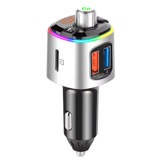Modulator FM Auto Lodi1292, Bluetooth 5.0, functie de dubla incarcare, afisare voltaj baterie, transmitator FM, 2 porturi, USB Type-C, capacitate memorie 32 GB, lumini led, gri