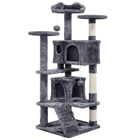Ansamblu de Joaca pentru Pisici Lodi629, tip turn, 3 platforme de observatie, 6 niveluri, 2 casute, scara, franghie si mingiuta de joaca, stalpi pentru zgariat, captuseala extra moale, structura stabila, 138.5 cm, gri inchis