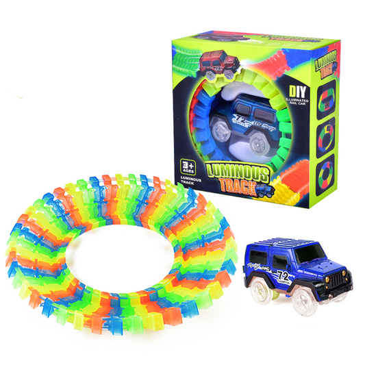 Circuit Masinute Lodi1071, 56 piese, pista iluminata configurabila, fosforescenta, masinuta cu lumini albastra, multicolor