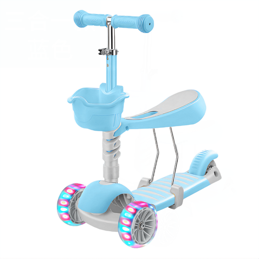 Trotineta pentru Copii 2 in 1 Lodi1112, scaunel incorporat, lumini,3 roti, cosulet frontal, anti-aluncare, inaltime ajustabila, stabila, frana, incorporata, 3-11 ani, albastru