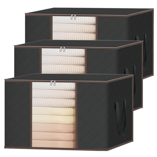 Set 3 Cutii pentru Depozitare si Organizare Medii Lodi1034, pliabile, maner ranforsat si fereastra transparenta, pentru haine/paturi/ plapumi/ perne/ lenjerii de pat/jucarii, 84 L, 60x40x35 cm, negru