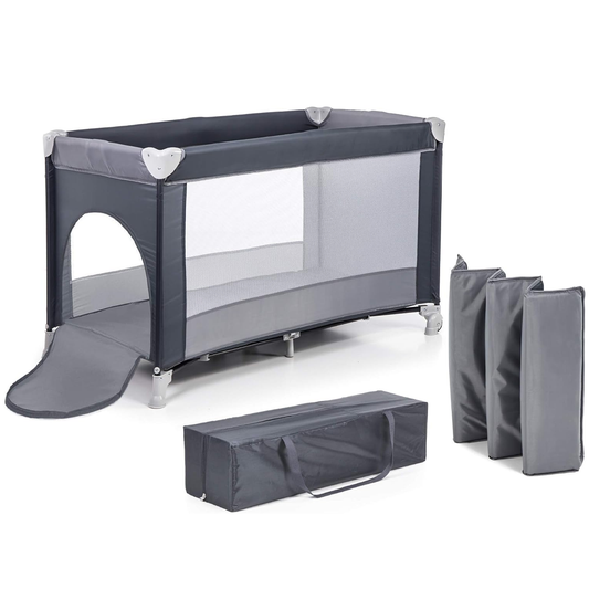 Patut Turistic Pliabil pentru Copii Lodi984, usa cu fermoar exterior, plasa de protectie tantari, materiale calitative, usor de montat, geanta de depozitare, dimensiuni 125x78x65, gri
