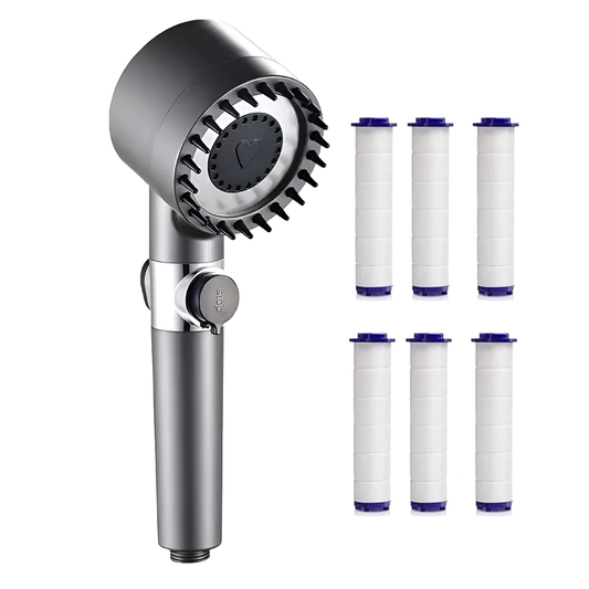 Para de Dus Lodi976, 6 filtre extra, buton On/Off, presiune ajustabila, filtrare apa, jet uniform, zimti de silicon pentru curatare, gri