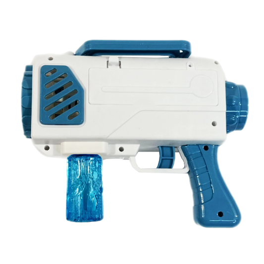 Pistol de Facut Baloane Bubble Gun Lodi66, tip Bazooka, automat, 10 orificii pentru bule, 2 rezerve incluse, alimentare cu baterii, alb/albastru