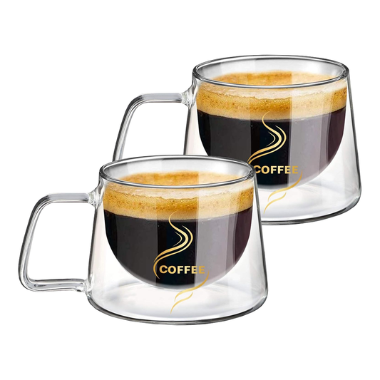 Set 2 Cani de Sticla cu Perete Dublu Lodi1003, model COFFEE, design modern, termorezistente, capacitate 200 ml, 12 x 8 cm