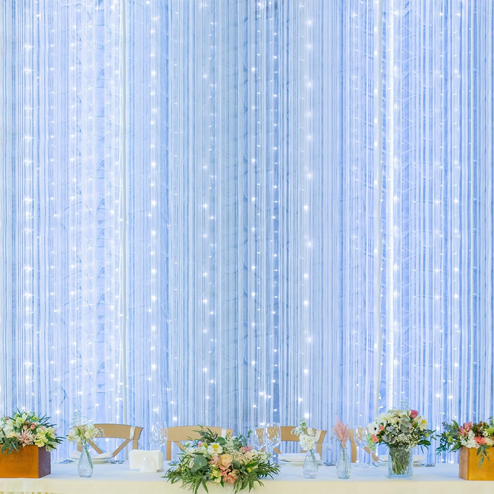 Instalatie de Craciun Perdea Lodi1440, 3x3 m, 8 jocuri de lumini, alimentare la priza, fir alb, interior/exterior, rezistenta la apa, 300 LED-uri, alb rece