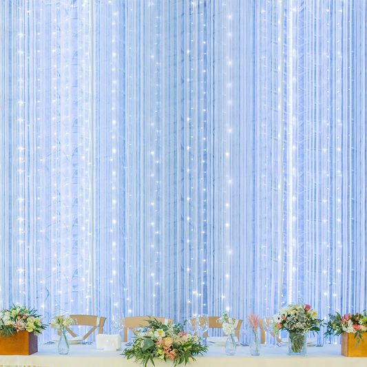 Instalatie de Craciun Perdea Lodi1440, 3x3 m, 8 jocuri de lumini, alimentare la priza, fir alb, interior/exterior, rezistenta la apa, 300 LED-uri, alb rece