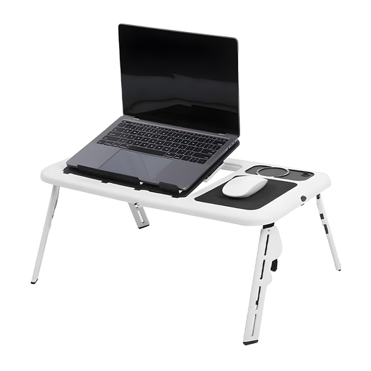 Masuta Universala Lodi1517, pliabila, pentru laptop/tableta/ mic dejun la pat, sistem cu fante de racire, suport pentru pahar, unghi reglabil, usor de depozitat, alb/negru