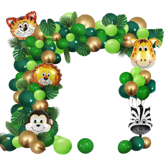 Set 106 Baloane si Decoratiuni Lodi301, pentru Petreceri/Aniversari copii, tema junglei/safari, latex, multicolor/verde