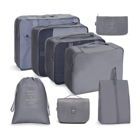 Set 8 Organizatoare Lodi673, pentru calatorie, diferite marimi, 3 genti cu plasa, 1 geanta pentru lenjerie, geanta pentru cosmetice, sac pentru hainele murdare, inchidere cu fermoar dublu, plasa, gri