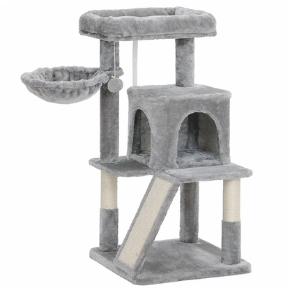 Ansamblu de Joaca pentru Pisici Lodi624, tip turn,1 platforma de observatie, 3 niveluri, 1 casuta, scara, hamac, franghie si mingiuta de joaca, stalpi pentru zgariat, captuseala extra moale, structura stabila, 96 cm, gri deschis