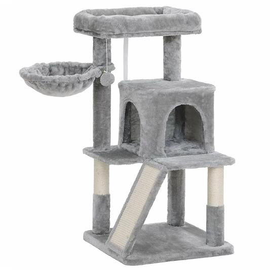 Ansamblu de Joaca pentru Pisici Lodi624, tip turn,1 platforma de observatie, 3 niveluri, 1 casuta, scara, hamac, franghie si mingiuta de joaca, stalpi pentru zgariat, captuseala extra moale, structura stabila, 96 cm, gri deschis