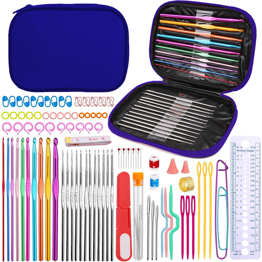 Set Profesional de Crosetat Lodi664, 100 de piese, 12 andrele subtiri argintii, 10 andrele groase multicolore, foarfeca, rigla si accesorii pentru tricotat, husa de depozitare, albastru