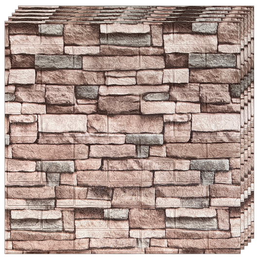 Set 10x Tapet Caramida 3D Lodi1088, Model Piatra Naturala, suprafata acoperire 5.3. mp, autoadeziv, waterproof, usor de montat, design modern, 70x77 cm, maro deschis