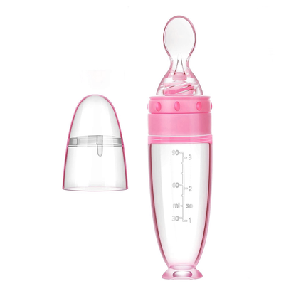 Lingurita de Silicon cu Rezervor Lodi544, polipropilena, fara BPA, termorezistenta, portabila, recipient gradat, 20.3 cm, roz