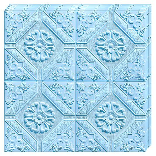 Set 10x Tapet 3D Lodi784, suprafata acoperire 4.9 mp, autoadeziv, Model Floral Carou, perete/tavan, waterproof, usor de montat, design modern, 70x70 cm, albastru
