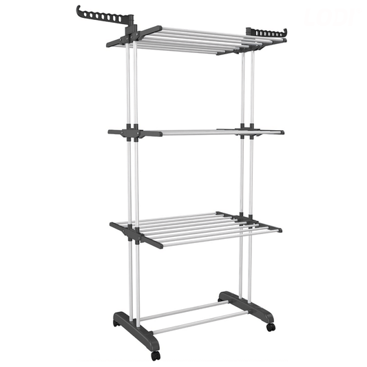 Uscator Vertical pentru Rufe si Haine Lodi1513, 3 niveluri, mobil, pliabil, pentru spatii mici, suport umerase, cadru rezistent, inaltime 175cm, negru