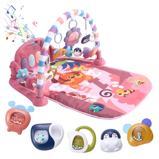 Centru de Activitati si Joaca Lodi1109, saltea interactiva pentru copii cu sunete, pian si oglinda detasabile, accesorii zornaitoare, 4 moduri interactive si educative, roz inchis