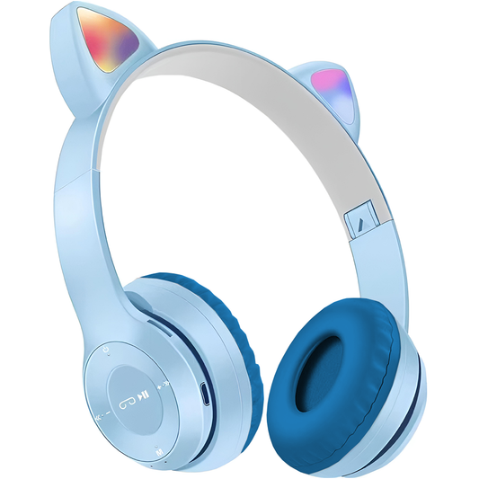 Casti Wireless Model Pisica Lodi955, P47M, overear, urechi de pisica cu iluminare RGB, bluetooth 5.0, handsfree, HiFi, bass stereo, albastru deschis
