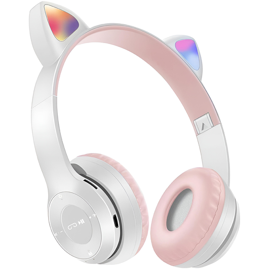 Casti Wireless Model Pisica Lodi953, P47M, overear, urechi de pisica cu iluminare RGB, bluetooth 5.0, handsfree, HiFi, bass stereo, gri/roz