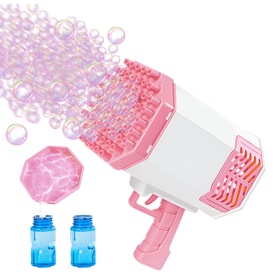 Pistol de Facut Baloane Bubble Gun Lodi1214, tip Bazooka, automat, 34 orificii pentru bule, alimentare cu baterii, roz/alb