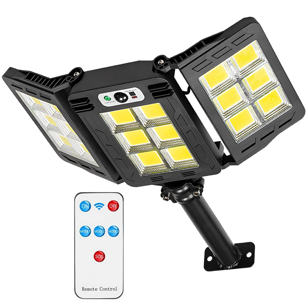 Lampa Solara Stradala 18 LED-uri Lodi875, 3 capete, control prin telecomanda, senzor de miscare, 3 moduri de iluminare, protectie IP65, Waterproof, exterior, negru