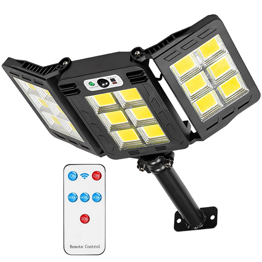 Lampa Solara Stradala 18 LED-uri Lodi875, 3 capete, control prin telecomanda, senzor de miscare, 3 moduri de iluminare, protectie IP65, Waterproof, exterior, negru