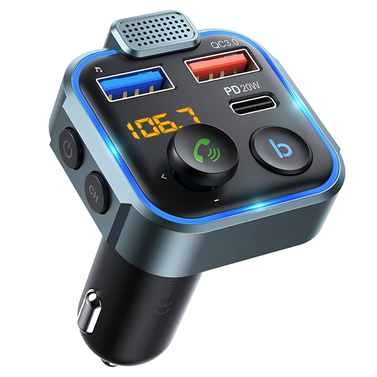 Modulator FM Auto Lodi1271, Bluetooth 5.3, functie de dubla incarcare, afisare voltaj baterie, transmitator FM, 3 porturi, USB Type-C, capacitate memorie 64 GB, lumini led, gri