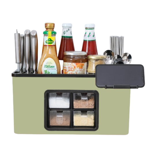 Organizator Multifunctional pentru Bucatarie Lodi536, 4 Compartimente, raft condimente, suport detasabil telefon,  tavita de scurgere, suport tacamuri/ustensile, verde deschis