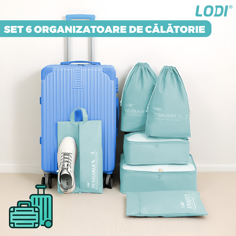 Set 6 Organizatoare Lodi1239, pentru calatorie, diferite marimi, bagaj de voiaj, valiza, troler, genti, haine, accesorii, inchidere cu fermoar dublu, plasa, turcoaz