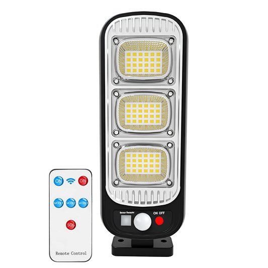 Lampa Solara Stradala 72 LED-uri Lodi883, control prin telecomanda, senzor de miscare, 3 moduri de iluminare, protectie IP65, Waterproof, exterior, negru