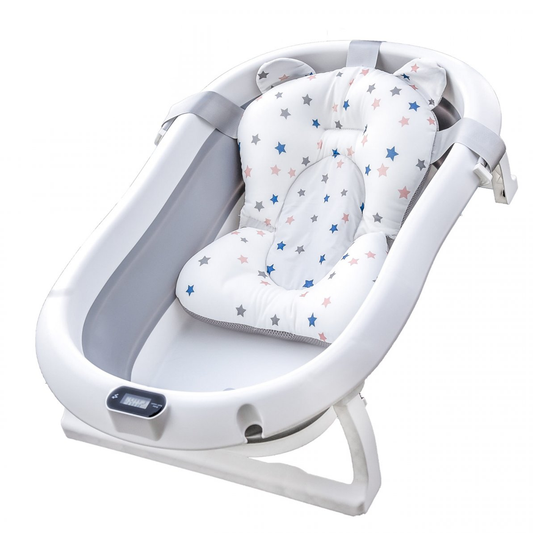 Cadita cu Pernuta pentru Bebelusi Lodi643, termometru digital incorporat, pliabila, dop de scurgere, picioare anti-alunecare, design ergonomic, 75 x 45 x 22 cm, gri cu stelute