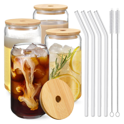 Set 4 Pahare de Sticla cu Capac si Pai Lodi1005, sticla borosilicata, perie pentru curatare inclusa, capac din bambus, design modern, termorezistente, capacitate 500 ml, 15 cm