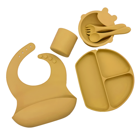 Set Hranire Bebeulsi Lodi1009, 6 piese, termorezistente, silicon, fara BPA, pliabile, usor de curatat, galben ocru