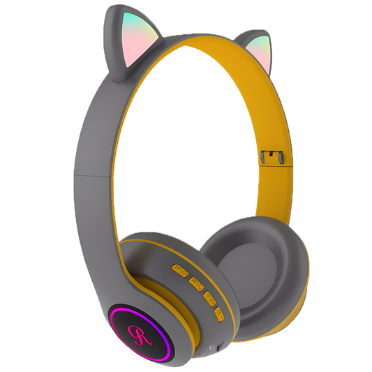 Casti Wireless Model Pisica Lodi950, overear, urechi de pisica cu iluminare RGB, bluetooth 5.0, handsfree, HiFi, bass stereo, gri/galben