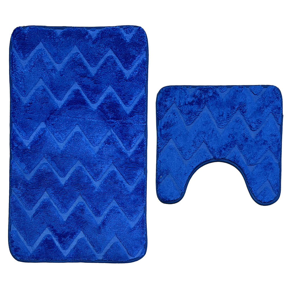 Set 2 Covorase de Baie Lodi1012, anti-derapante, material moale, design modern, model triungiuri, 80x50 & 50x40cm, albastru regal