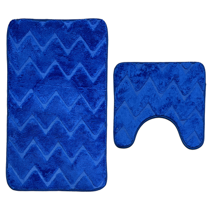 Set 2 Covorase de Baie Lodi1012, anti-derapante, material moale, design modern, model triungiuri, 80x50 & 50x40cm, albastru regal