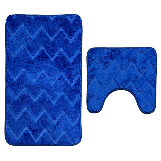 Set 2 Covorase de Baie Lodi1012, anti-derapante, material moale, design modern, model triungiuri, 80x50 & 50x40cm, albastru regal