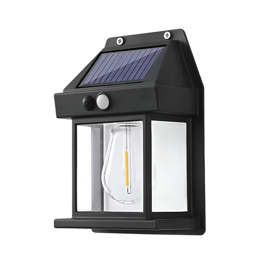 Lampa Solara de Perete LED Tip Felinar Lodi1248, senzor de miscare 5-8 metri, fara fir, 3 moduri de iluminare, protectie IP65, Waterproof, exterior, negru