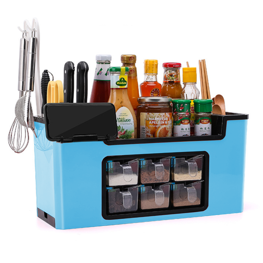 Organizator Multifunctional pentru Bucatarie Lodi602, 6 Compartimente, raft condimente, suport detasabil telefon, tavita de scurgere, suport tacamuri/ustensile, albastru