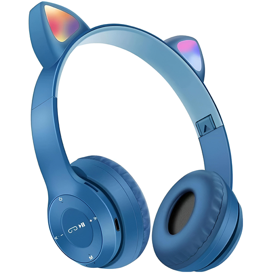 Casti Wireless Model Pisica Lodi954, P47M, overear, urechi de pisica cu iluminare RGB, bluetooth 5.0, handsfree, HiFi, bass stereo, albastru inchis