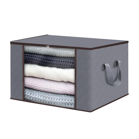 Cutie Depozitare si Organizare Medie Lodi1028, pliabila, maner ranforsat si fereastra transparenta, pentru haine/paturi/ plapumi/ perne/ lenjerii de pat/jucarii, 84 l, 60x 40x 35 cm, gri deschis