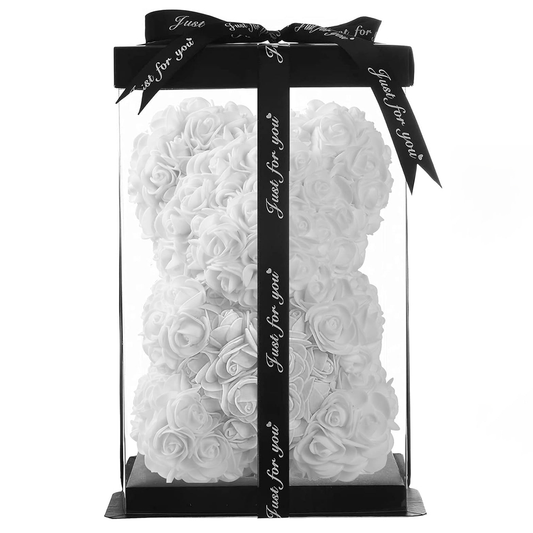 Ursulet din Trandafiri de Spuma Lodi333, floral alb, handmade, cutie transparenta, 25 cm