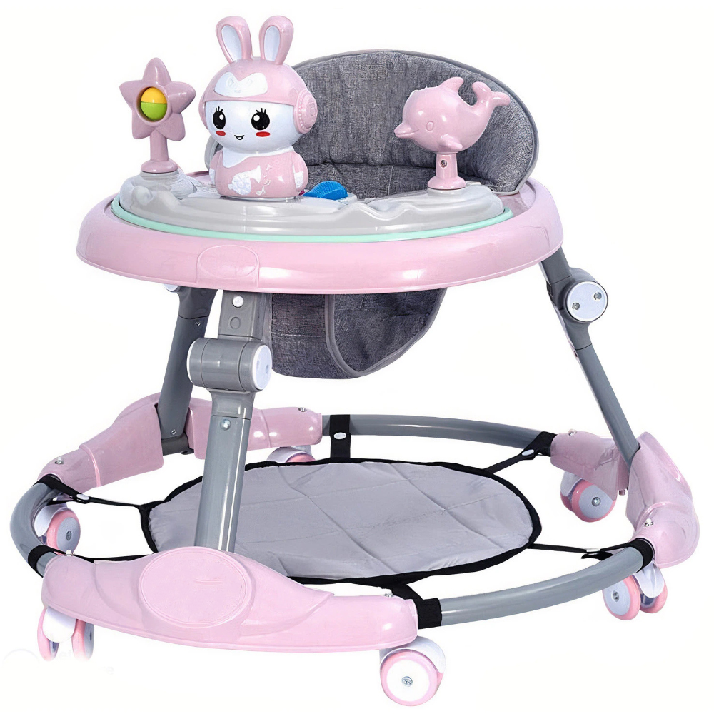 Premergator Multifunctional pentru Bebelusi Lodi29, tava cu 3 jucarii, muzica, reglabil, pliabil, greutate max 20kg, 6-36 luni, roz