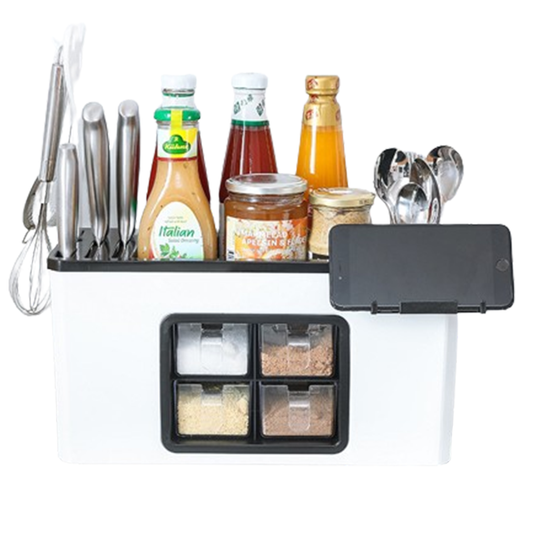 Organizator Multifunctional pentru Bucatarie Lodi534, 4 Compartimente, raft condimente, suport detasabil telefon,  tavita de scurgere, suport tacamuri/ustensile, alb