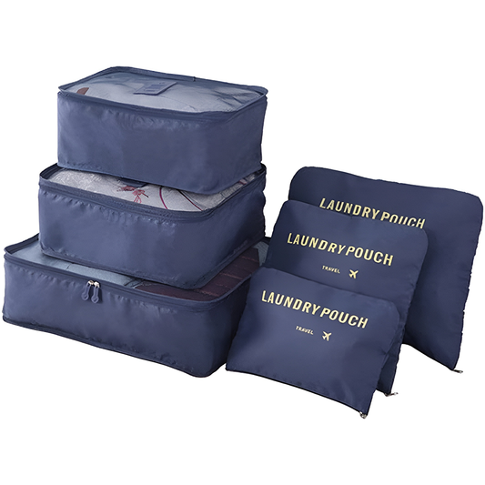 Set 6 Organizatoare Lodi671, pentru calatorie, diferite marimi, bagaj de voiaj, valiza, troler, genti, haine, accesorii, inchidere cu fermoar dublu, plasa, albastru inchis