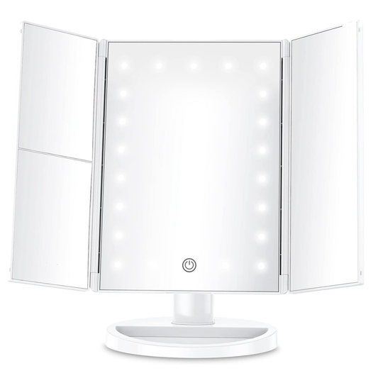 Oglinda Cosmetica pentru Machiaj Lodi1455, 4 moduri de marire, 22 becuri LED, control tactil, pliabila, rotativa la 180 de grade, alimentare pe baterii sau USB, suport de machiaje, alb
