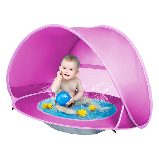 Cort Portabil de Vara pentru Bebelusi Lodi1098, adapost impermeabil pentru plaja, cu piscina, protectie UV si UPF 50+, multifunctional, 117x79x70 cm, roz