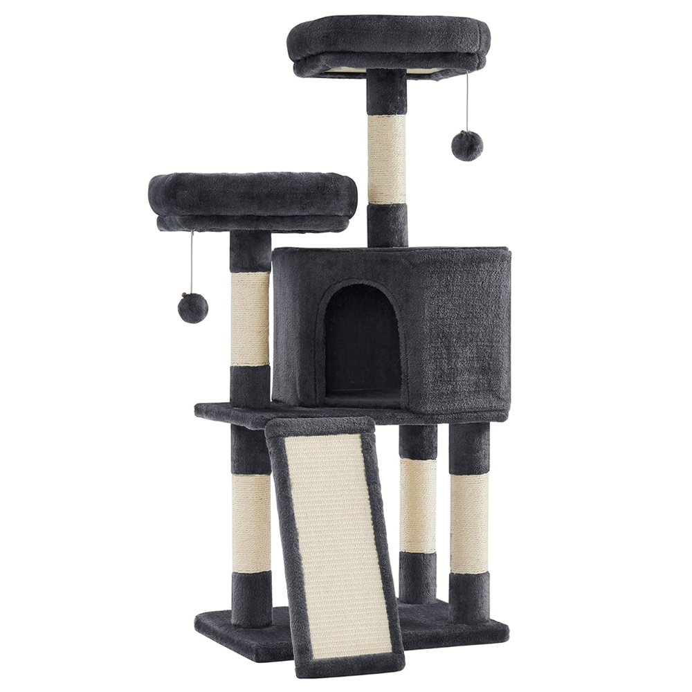 Ansamblu de Joaca pentru Pisici Lodi630, tip turn, 2 platforme de observatie, 3 niveluri, 1 casuta, scara, franghie si mingiute de joaca, stalpi pentru zgariat, captuseala extra moale, structura stabila, 115 cm, gri inchis