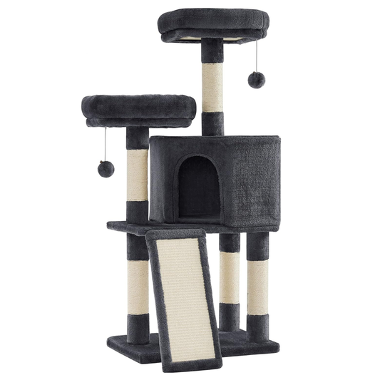 Ansamblu de Joaca pentru Pisici Lodi630, tip turn, 2 platforme de observatie, 3 niveluri, 1 casuta, scara, franghie si mingiute de joaca, stalpi pentru zgariat, captuseala extra moale, structura stabila, 115 cm, gri inchis